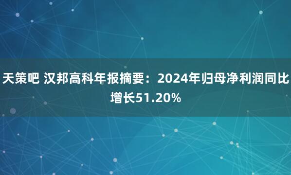 天策吧 汉邦高科年报摘要：2024年归母净利润同比增长51.20%
